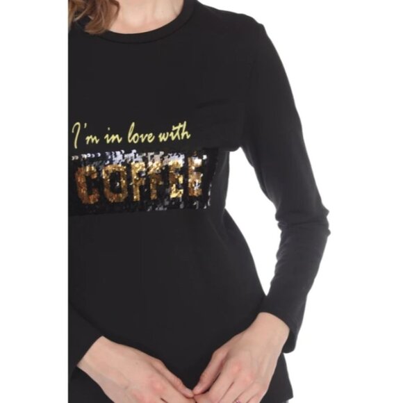 BNWT Frank Lyman Design Black/Gold Sequined Coffee/Wine Long Sleeve T-shirt S - Picture 8 of 15